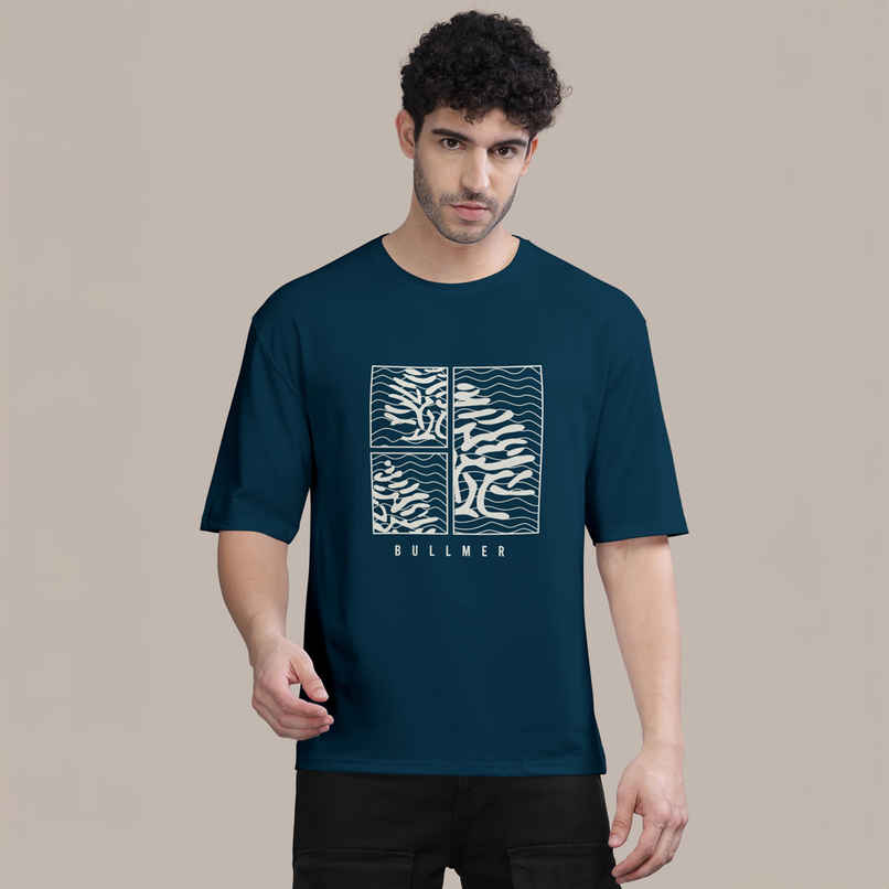 Bullmer Men's Oversized T-shirt Front Printed | Petrol Blue | L
