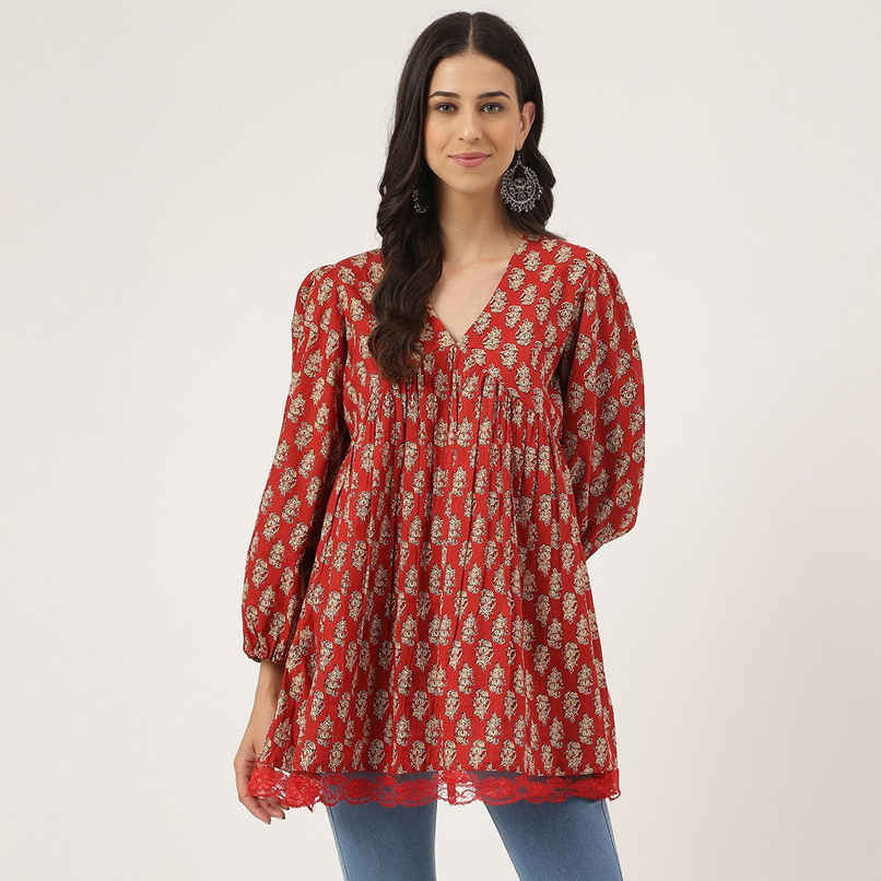 Divena Women's Floral Cotton Pemplum Style Tunic | DK0900 | Red | S
