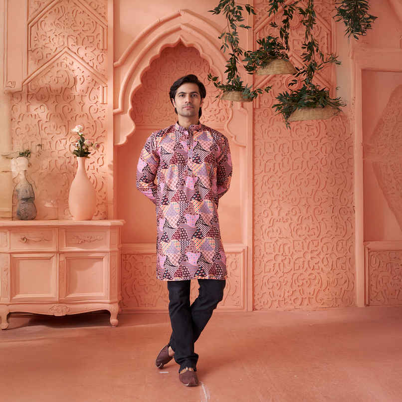 House Of Festivals Men's Printed Cotton Blend Long Kurta | Multicolor - M House Of Festivals Men's Printed Cotton Blend Long Kurta | Multicolor - M