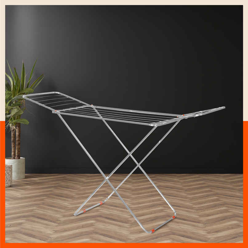 Bathla Foldable Clothes Drying Stand - Silver | Flex | Steel | Heavy Duty & Lightweight