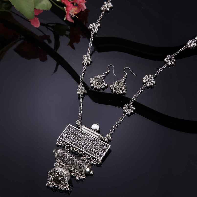Shining Diva Fashion Stylish Traditional Oxidised Silver Necklace Jewellery Set for Women | 13118s Shining Diva Fashion Stylish Traditional Oxidised Silver Necklace Jewellery Set for Women | 13118s