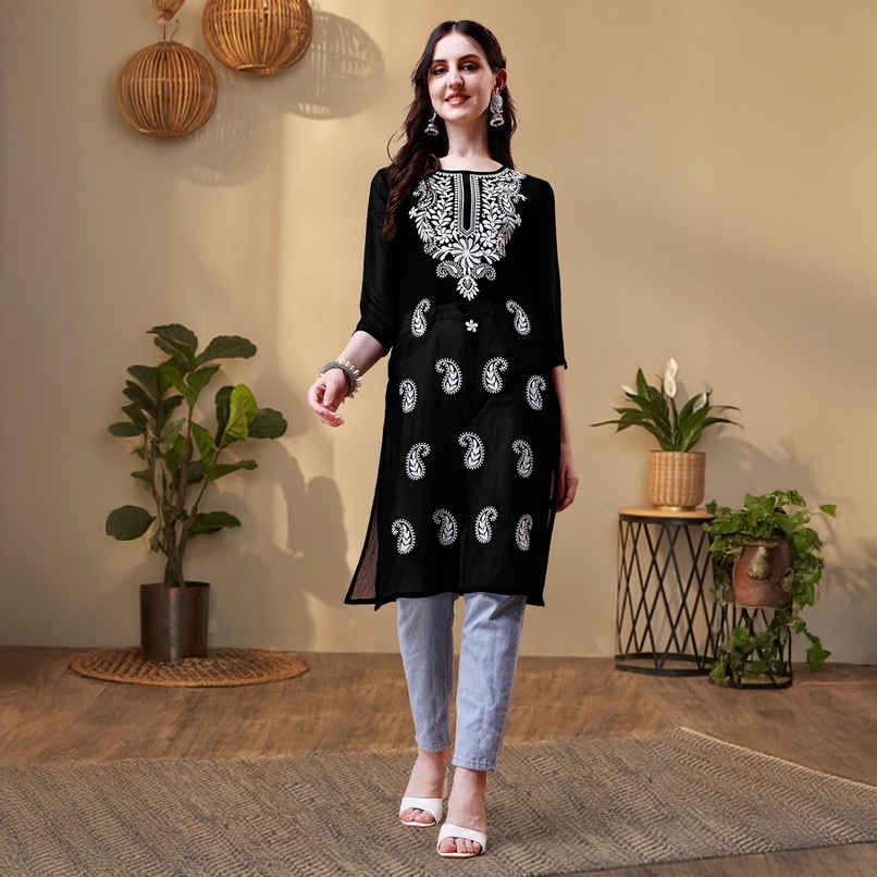 Youthnic Women Chikan Embroidery Short Kurti | B53 - Jini Black | L Youthnic Women Chikan Embroidery Short Kurti | B53 - Jini Black | L