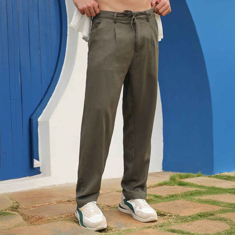 Campus Sutra Men's Tailored Linen-Blend Trousers | Olive Green - 32