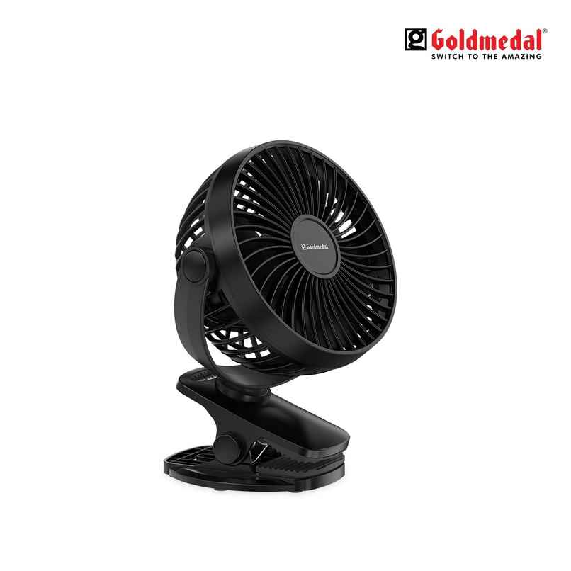 Goldmedal i-Fan 100mm Mini Portable Clip Fan | USB Charging | Desk Mountable & Multi-Clip Function | 3 Speed Modes (Black)