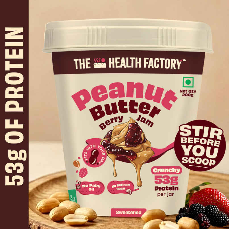 The Health Factory Peanut Butter Berry Jam Crunchy Spread | 53g Protein | Sweetened with Berries & Honey | No Palm Oil The Health Factory Peanut Butter Berry Jam Crunchy Spread | 53g Protein | Sweetened with Berries & Honey | No Palm Oil