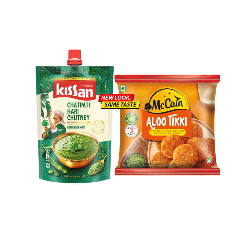 Kissan Chatpati Hari Chutney Doy (100g) & Mccain Aloo Tikki | Frozen Ready To Cook Potato Snack (400g) Combo