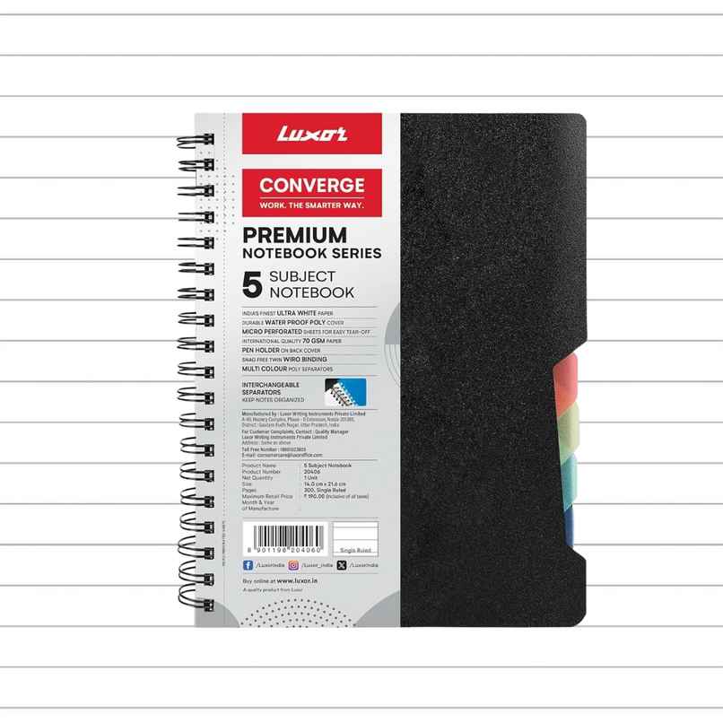 Luxor 5 Subject Notebook | A5, Single Ruled,70 gsm | Pages -300 | Ideal for Profesionals & Students