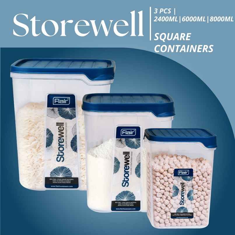 FLAIR Plastic Storewell Square Food Storage Containers Set | Blue - 2400 ml, 6 L & 8 L