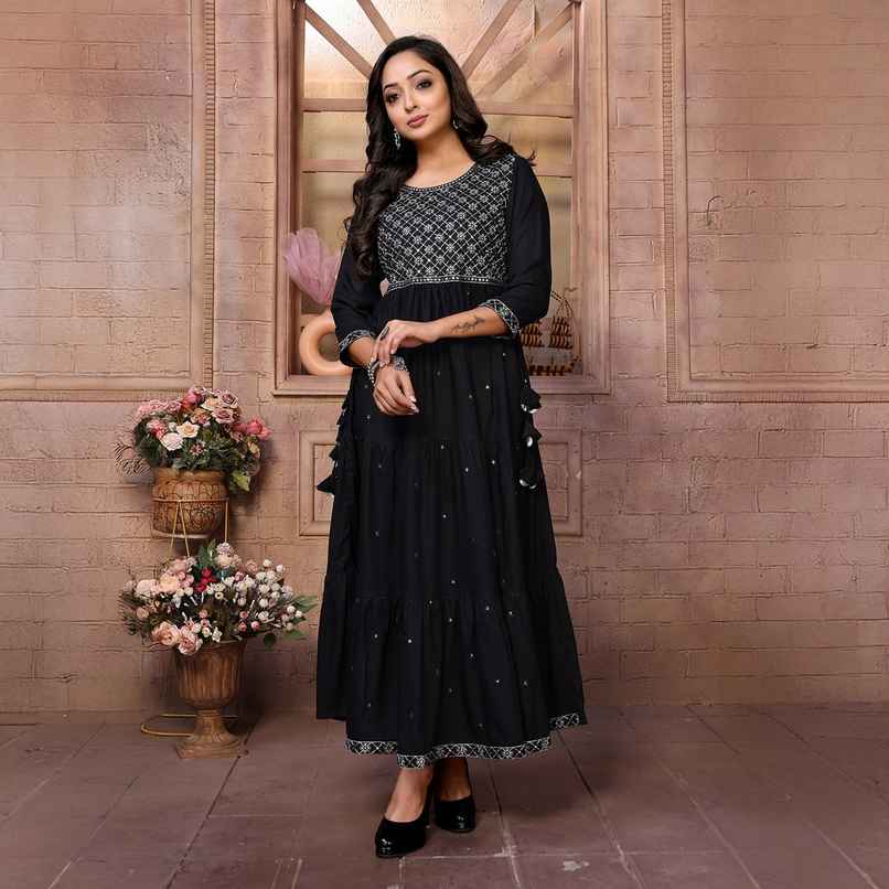 Rangita Women's Black Rayon Embroidered Ankle Length Tiered Flared Kurta | M