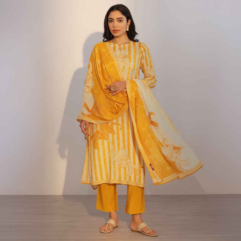 Libas Printed Silk Blend Straight Suit With Dupatta | 400289H | Mustard - L
