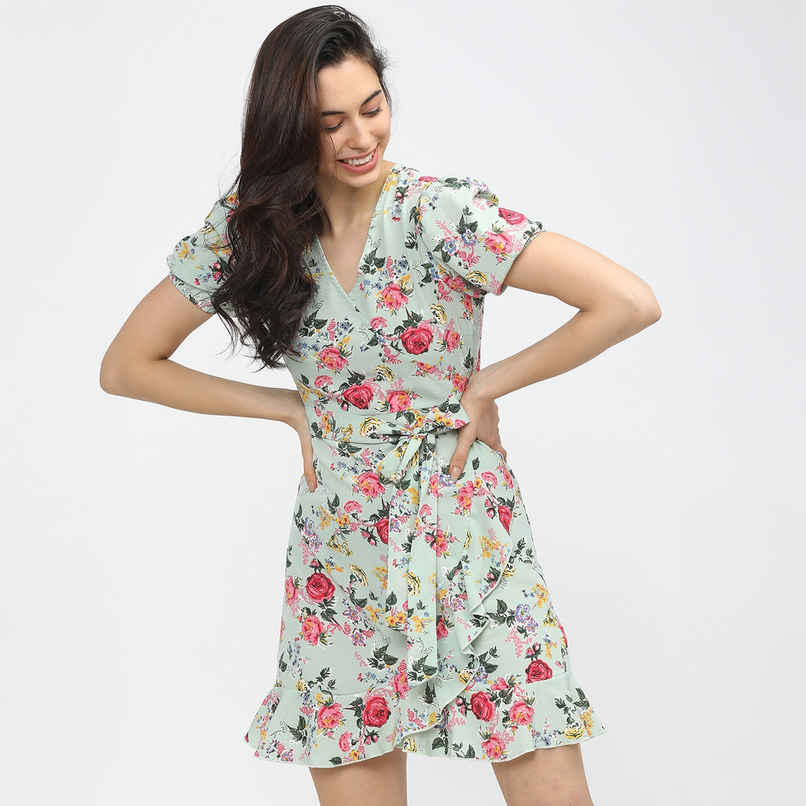 Tokyo Talkies Women's Floral V-neck Wrap Dress | Blue - M