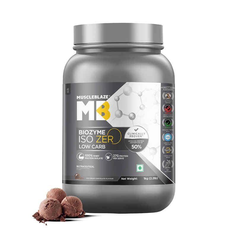 MuscleBlaze Biozyme Iso Zero Low Carb Whey Protein Isolate Ice Cream Chocolate