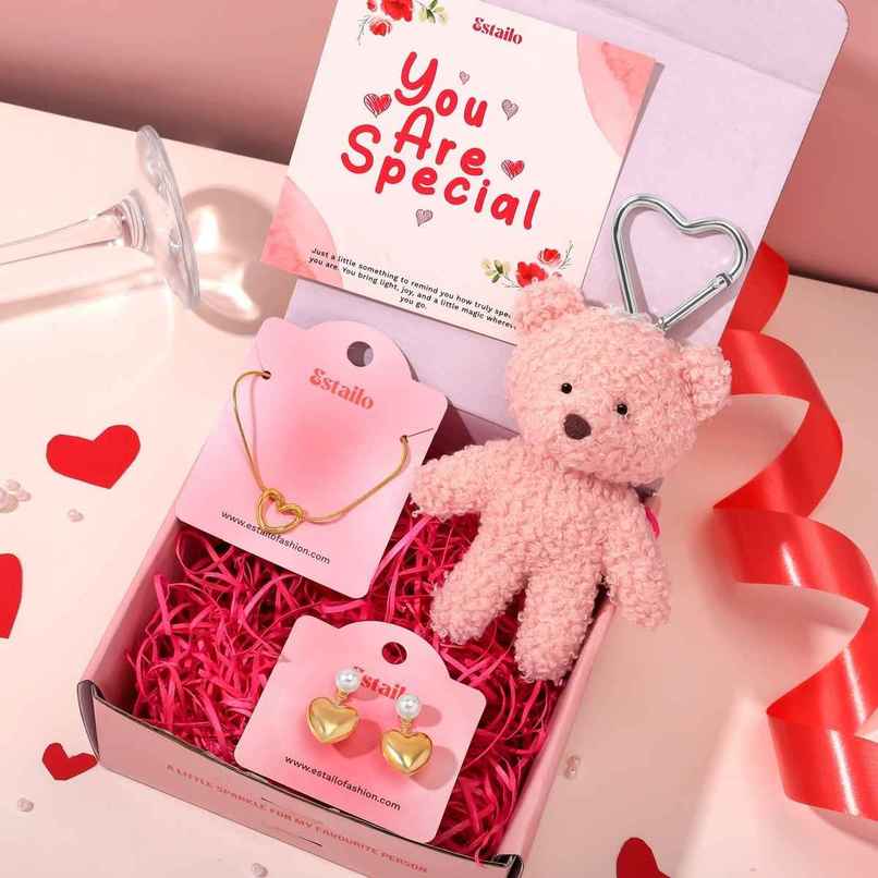 Estailo Fashion Heart Necklace, Earrings & Teddy Gift Combo | Women's Day