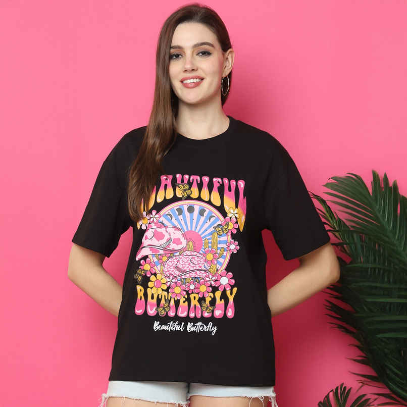 Fabflee Women Oversize Cotton Printed Round Neck Tshirt | Black | FAB-OS-519 | L