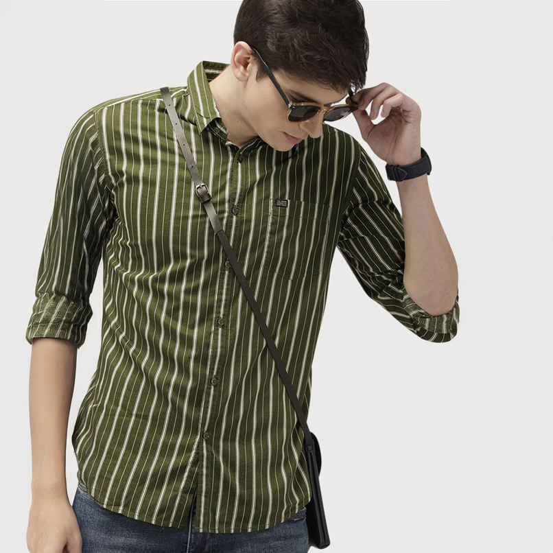 The Indian Garage Co Men's Slim Fit Multi Stripes Casual Shirt | Olive - L