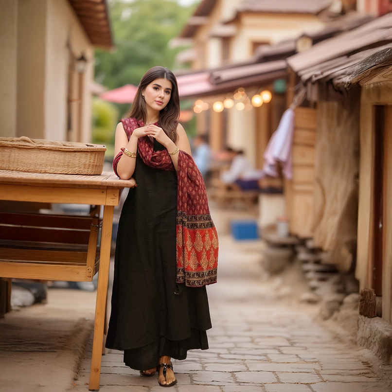 GoSriKi Women's Viscose Rayon Anarkali Solid Kurta with Pant & Dupatta | UMIKA | Black - L