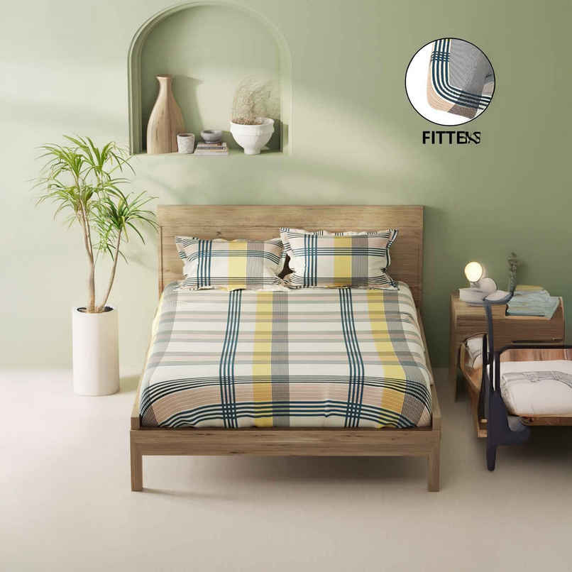 Bianca 100% Natural Cotton XL King Fitted Bedsheet 3pc Set with 2 Pillow Covers Stripe Yellow/Teal