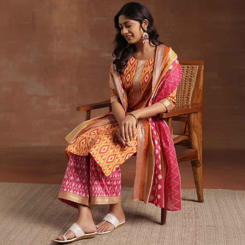 Libas Printed Cotton Straight Suit With Dupatta | 36618H | Orange - L