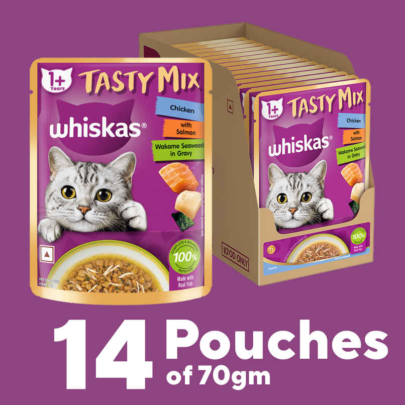 Whiskas Tasty Mix Adult Chicken with Salmon, Wakame Seaweed in Gravy Wet Cat Food Whiskas Tasty Mix Adult Chicken with Salmon, Wakame Seaweed in Gravy Wet Cat Food