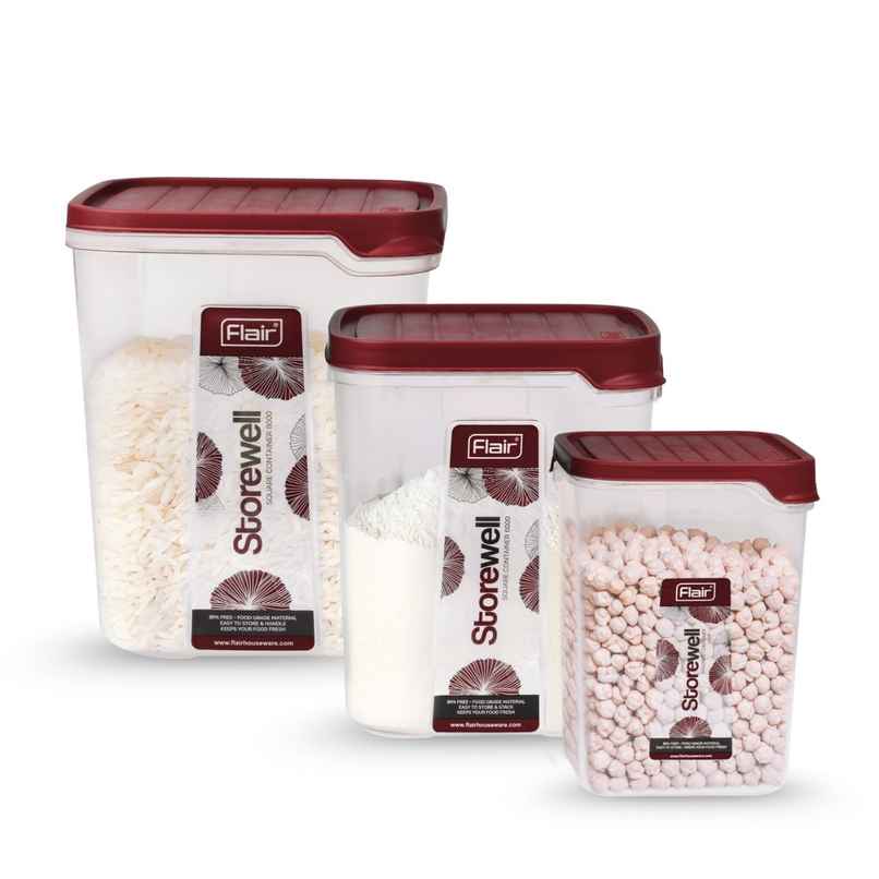 Flair Plastic Storewell Square Food Storage Containers Maroon - Set Of 3 Pcs (2400Ml,6000Ml, 8000Ml