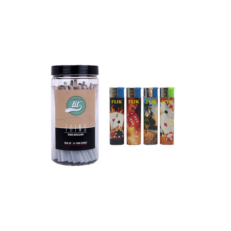 Lit Thins 50 Pre Rolled Cones Jar White (1pc) & Flik Non-Refilable Smart Lighters | Assorted (1pc) Combo