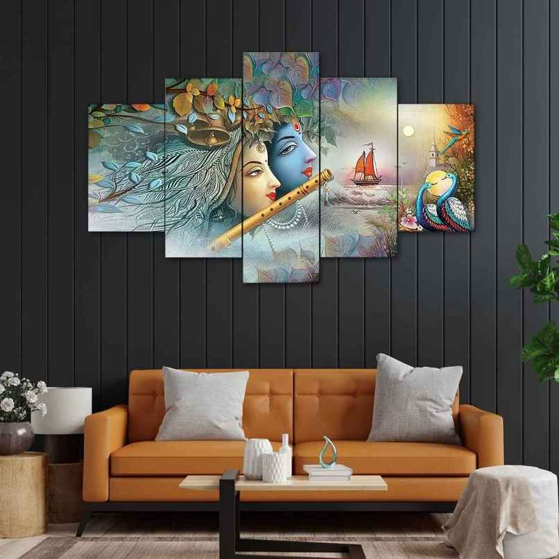 Perpetual Radha Krishna 3D Wall Painting Set of 5 | Framed Decor for Living Room | 75x43 cm