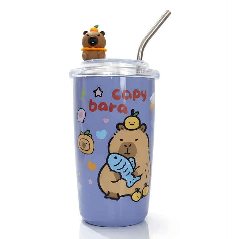 DesignLand Capy Bara Vacuum Cup With Straw | Blue | 500 ml