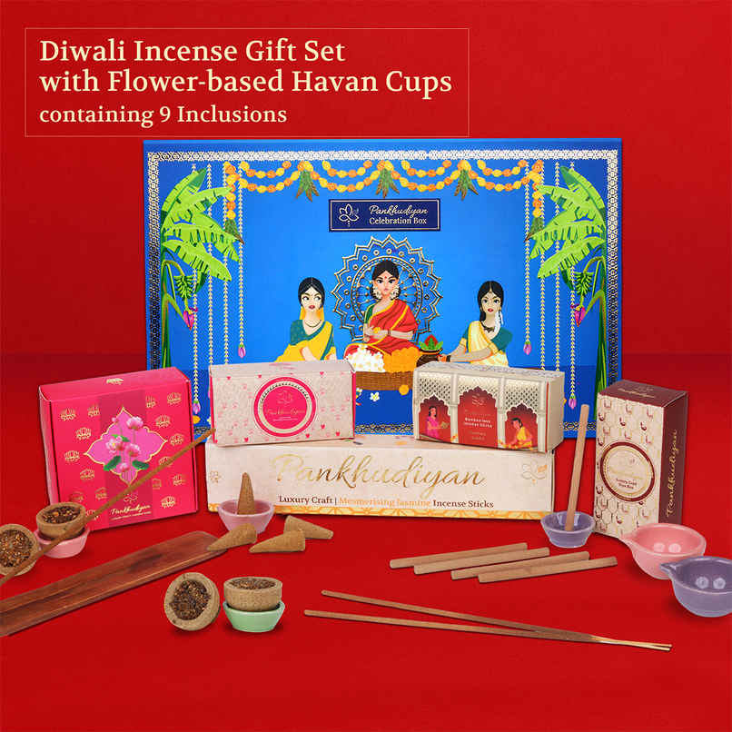Premium Incense Gift Set For Navratri, Diwali Pooja | Incense, Hawan Cups, Diyas | Pack Of 9 | Pankhudiyan