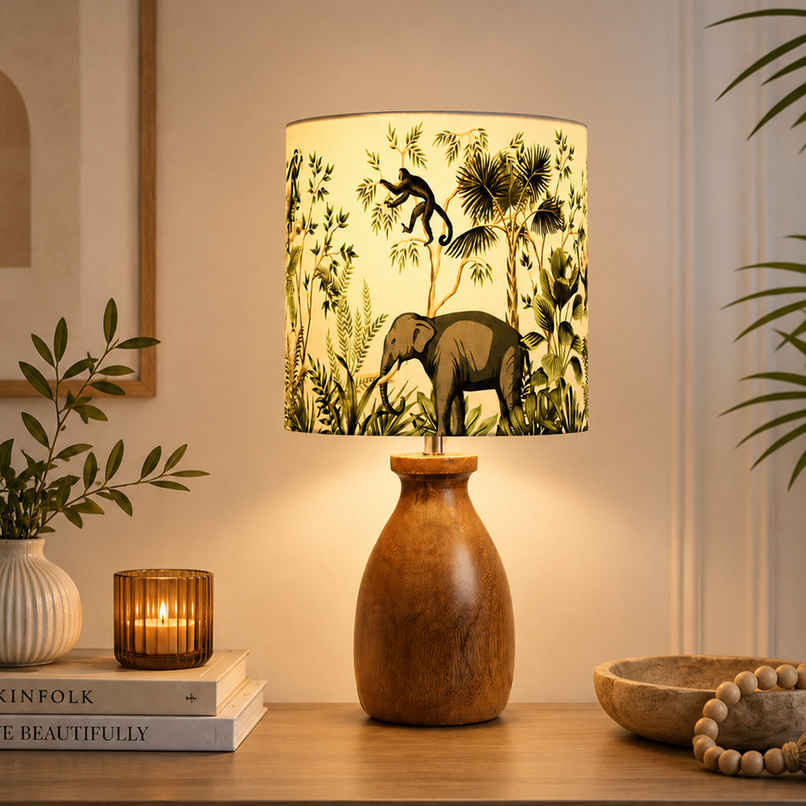 Homesake Dovel Pot Modern Wooden Table Lamp with Fabric Shade, Jungle