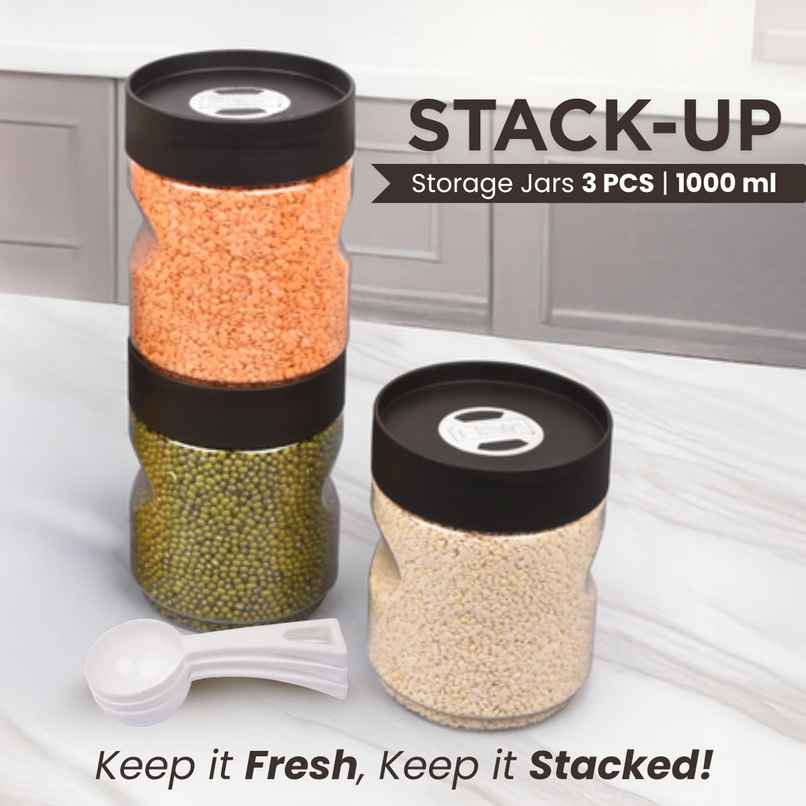 Flair Plastic Stackup Pet Jar Set Of 3 Pcs 1000 ml (Brown), Transparent Flair Plastic Stackup Pet Jar Set Of 3 Pcs 1000 ml (Brown), Transparent