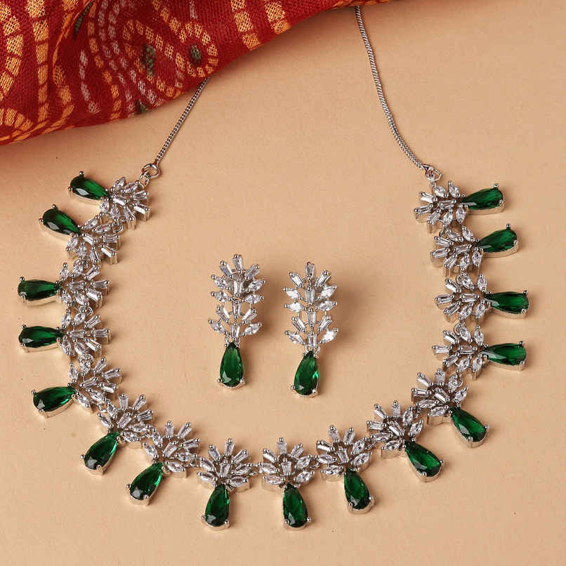 Zeneme Rhodium-Plated AD-Studded Jewellery Set For Women & Girls