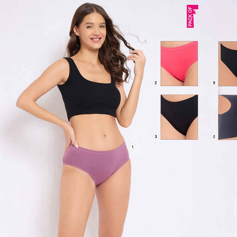 Clovia Cotton Spandex Pack Of 3 Medium Waist Inner Elastic Hipster Panty (Pink , Purple , Black - S) - Multicolor