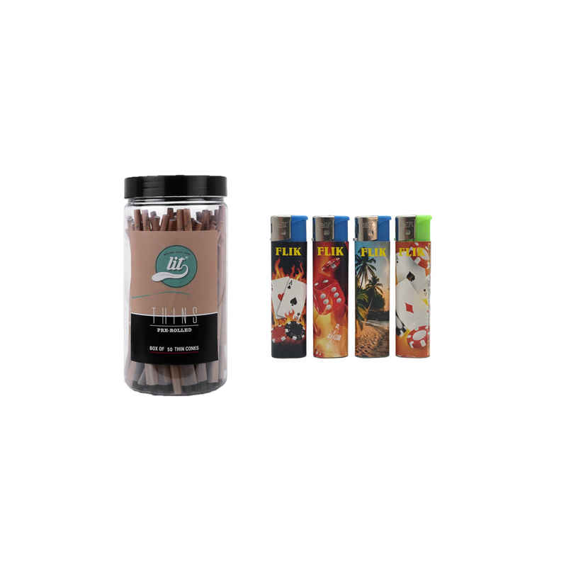 Lit Thins 50 Pre Rolled Cones Jar Brown (1pc) & Flik Non-Refilable Smart Lighters | Assorted (1pc) Combo