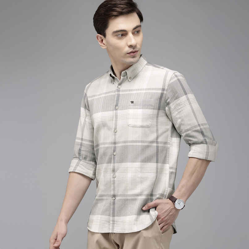 The Bear House Men Slim Cream & Grey Checked Shirt Style-Amber Color -Cream Size - XL