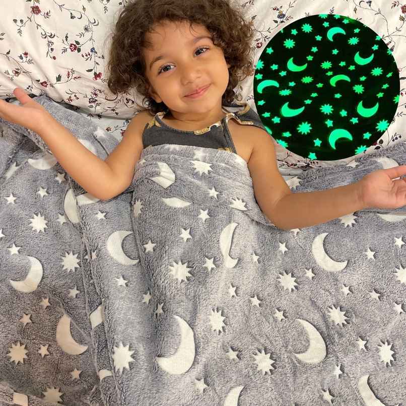 Famyo Glow Blanket, Grey Moon & Star Queen Size AC Blanket for Ages 3 & Up - 200 x 152 cm