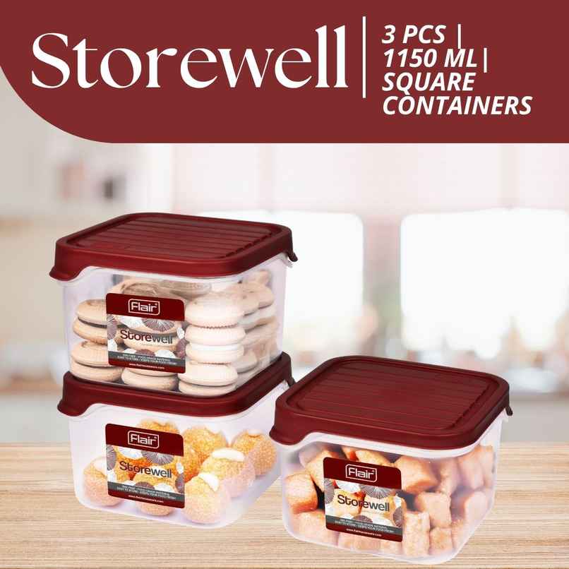 Flair Plastic Storewell Square Food Storage Containers 1150Ml - Set Of 3, (Maroon), Food Grade Flair Plastic Storewell Square Food Storage Containers 1150Ml - Set Of 3, (Maroon), Food Grade