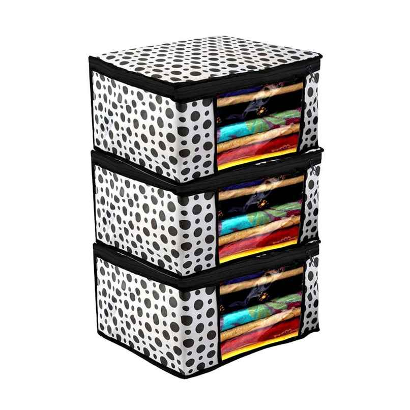 Kuber Industries Pack of 3 Non-woven Polka Dots Saree Cover With Transparent Window|Black & White Kuber Industries Pack of 3 Non-woven Polka Dots Saree Cover With Transparent Window|Black & White