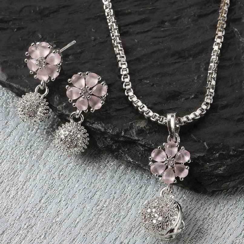 Zeneme Rhodium-Plated Silver Pink CZ-AD Floral Cute Pendant Earrings Jewellery Set For Women & Girl