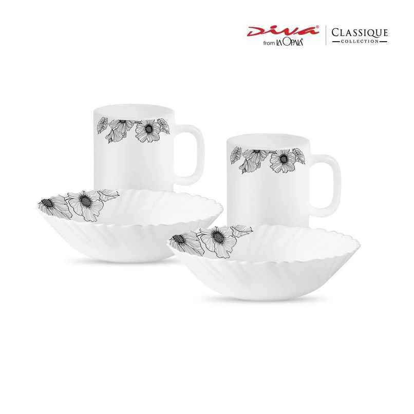 La Opala Diva Classique Breakfast Set of 4 | Opal Glass Mug & Bowl for Gifting - White