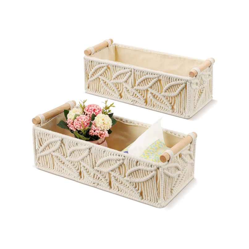 CasaCraft Pepperfry Leaf Macrame Set of 2 OffWhite Cotton Rope Organizer Baskets with Wooden Handle