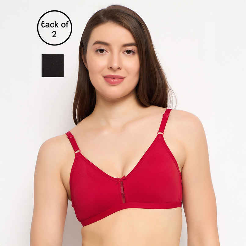Clovia Women Non-Padded Non-Wired Full Coverage Bra - Cotton | Red and Black | 32B