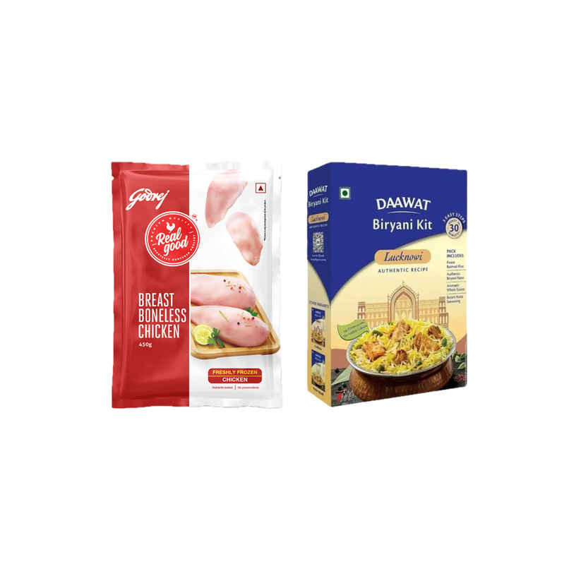 Godrej Chicken Breast Boneless (Freshly Frozen) (450g) & Dawaat Biryani Kit Lucknowi Ready To Cook (334g) Combo