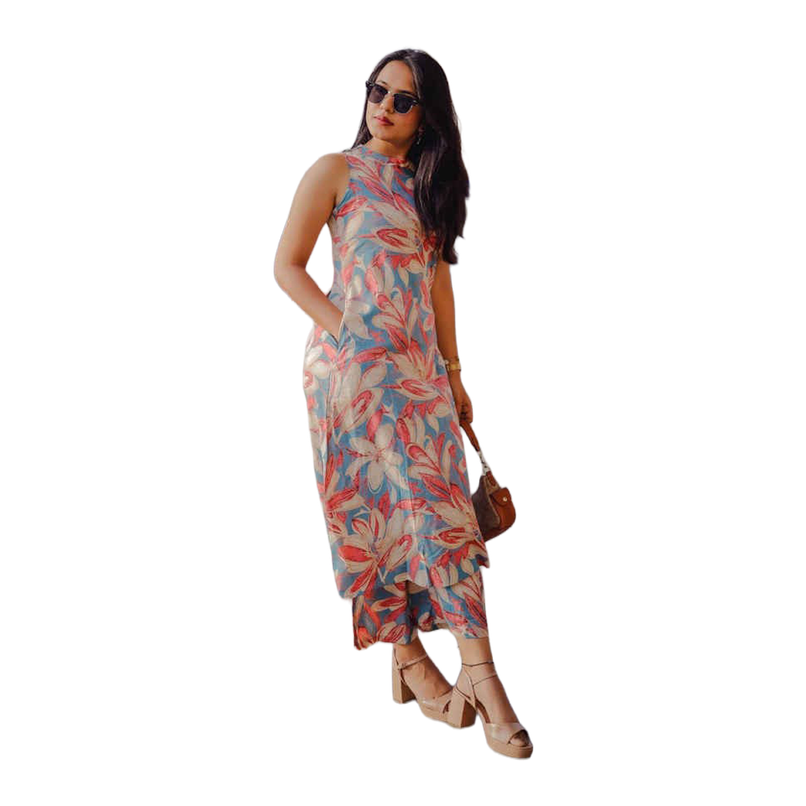 GoSriKi Women's Rayon Blend Straight Printed Kurta with Pant | Blue - M