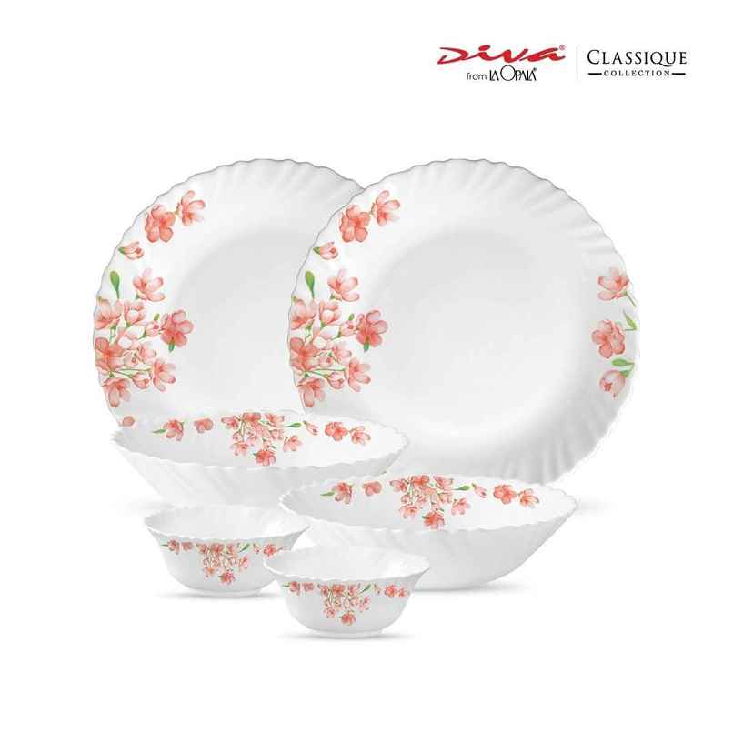 La Opala Diva Classique Dinner Set | Opal Glass Crockery for Dining | 6 Pcs - Aster Pink