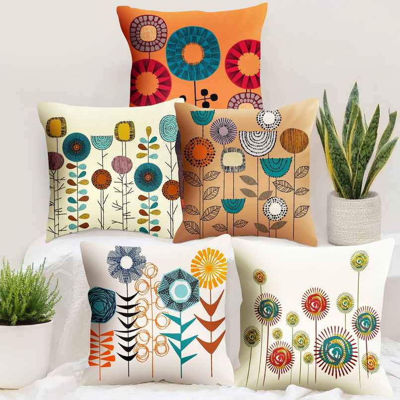 Story@Home Mustard & Cream Floral Polyester 5 Units of Helio Cushion Covers