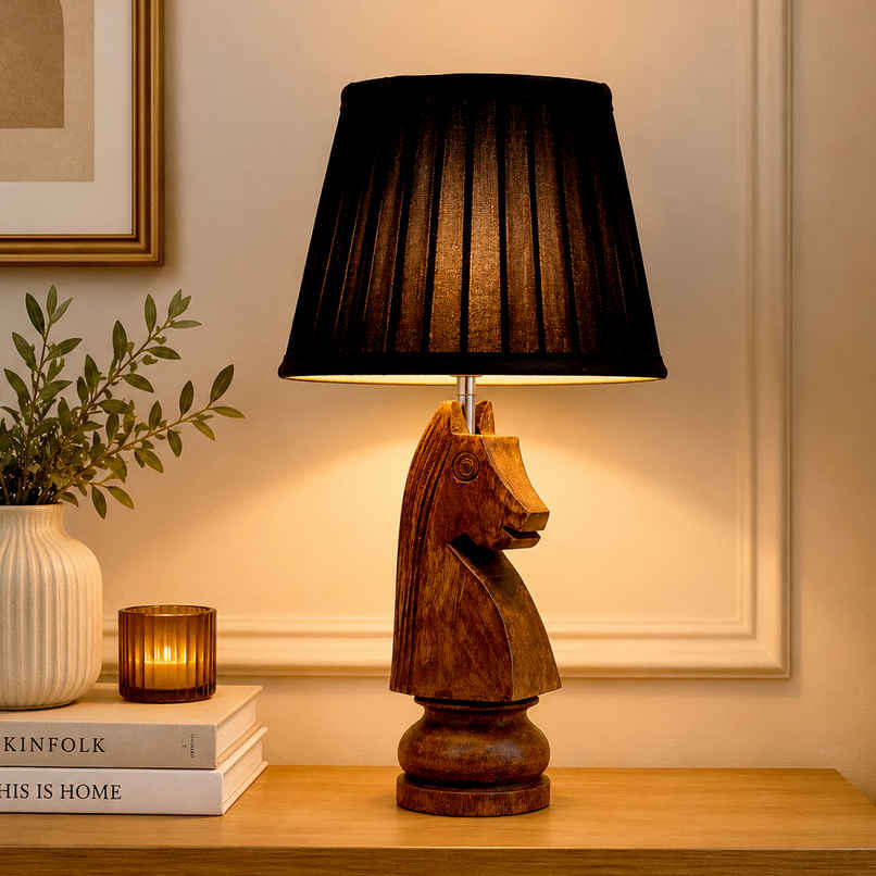 Homesake Rustic Chess Knight Table Lamp | Ribbed Black Shade | Wooden Base | Bedside & Living Room
