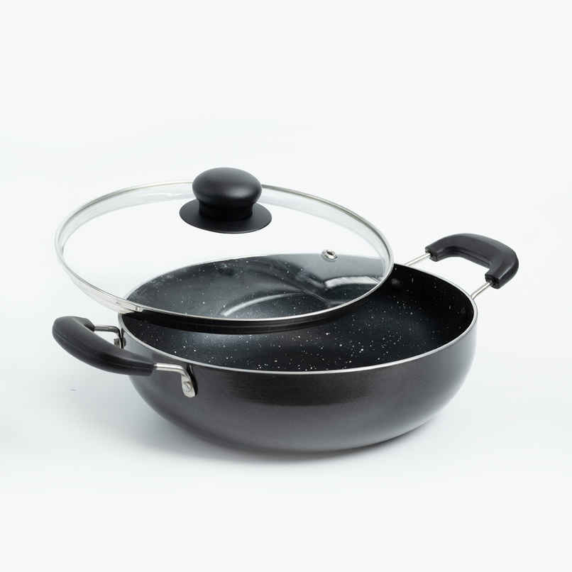 BAY6 Nonstick Kadai | 24 cm | Grey | Glass Lid | Non-Induction