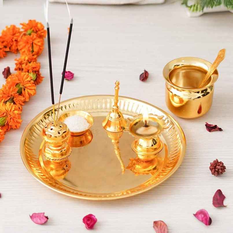 Handcrafted Decorative Golden Puja Thali | Ecraftindia Handcrafted Decorative Golden Puja Thali | Ecraftindia