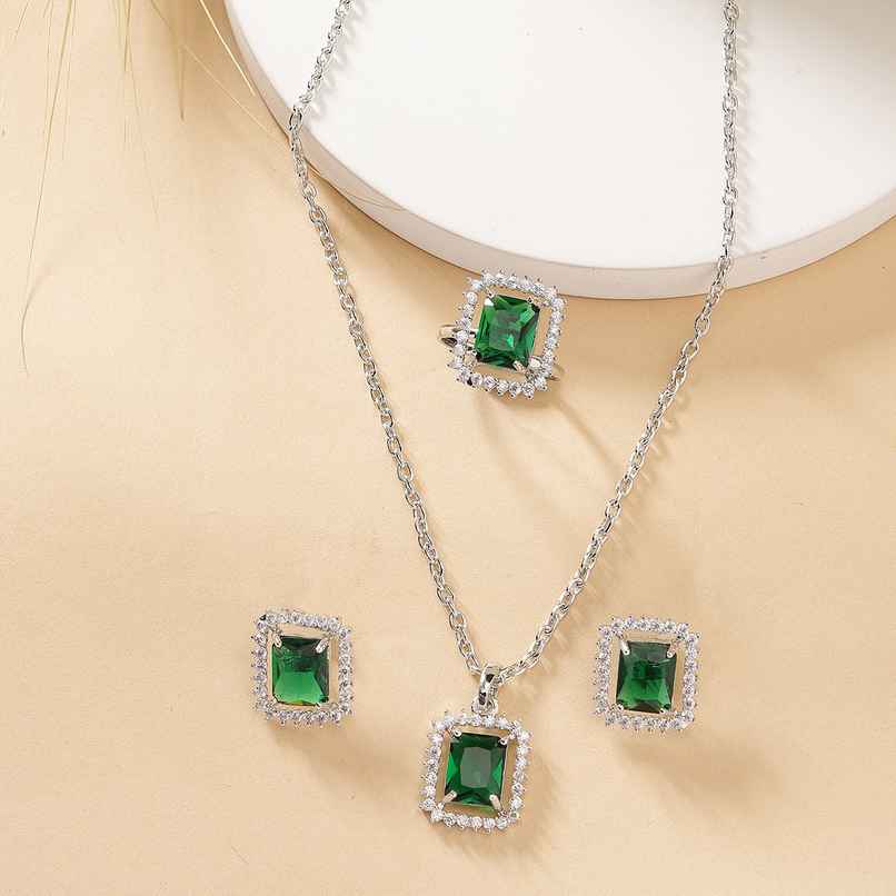 Zeneme Rhodium Plated AD Studded Princess Cut Crytsal Green Necklace Earrings Ring For Women