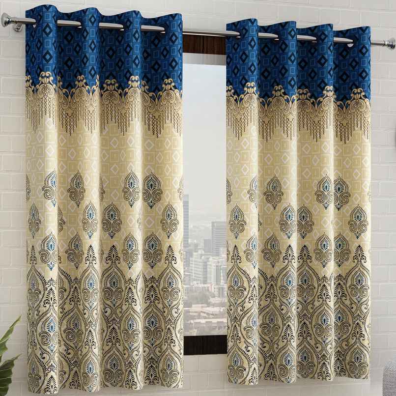 Story@Home 200 GSM Polyester Ethnic 2 Piece Window Curtain | Blue & Ivory